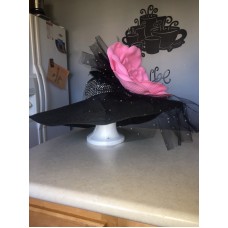 Fabulous extra wide brimmed Black Derby Hat with Pink flower  eb-74569223